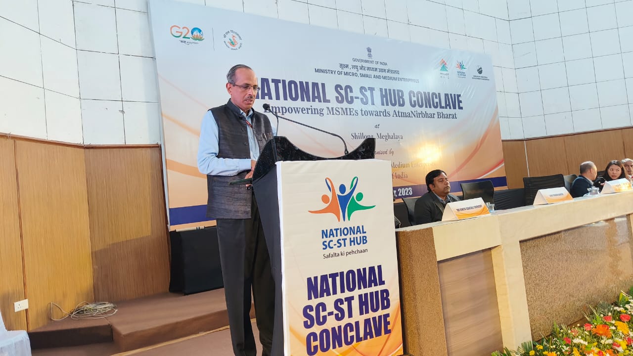 Shri S.C.L. Das, Secretary, Ministry of MSME, addressing the audience during NSSH Conclave at Shillong on  9th November 2023.